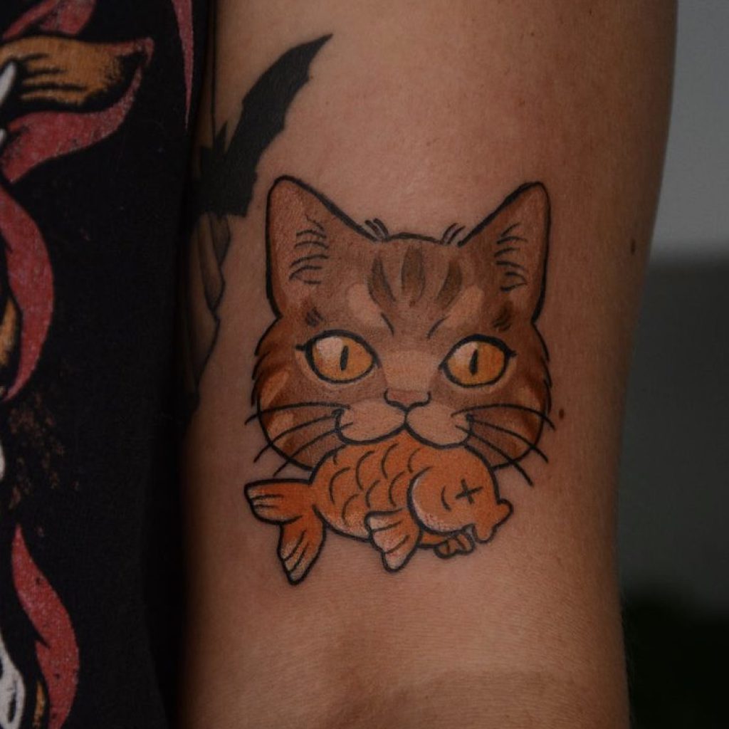 Cat and fish tattoo