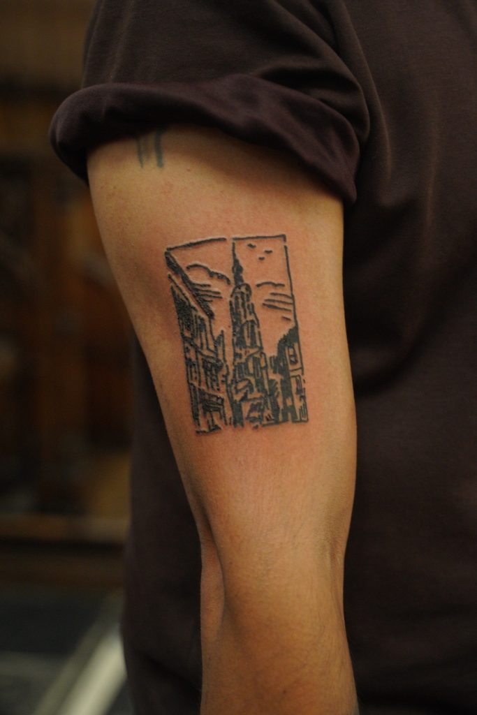 Grote Kerk tattoo on Marvin’s upper arm, tattooed by Rutger