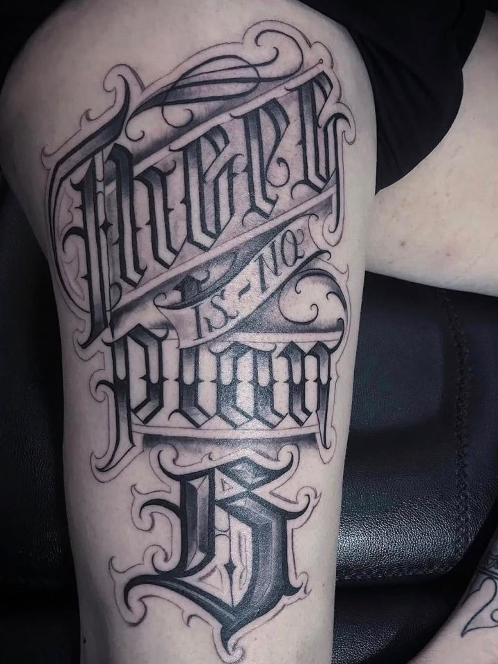 There is no plan B lettering tattoo with flourishes and shading on an upper arm, by Kenneth.