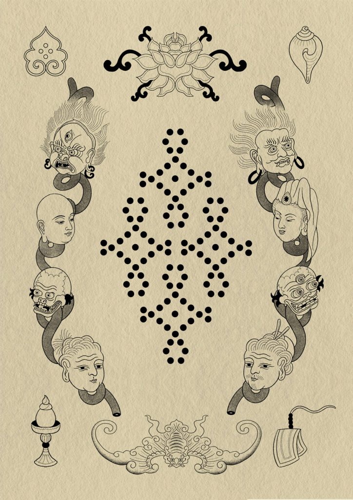 Tattoo-ontwerpblad van Roos met gezichten aan vloeiende linten, een centraal stippenornament en kleine siermotieven.
