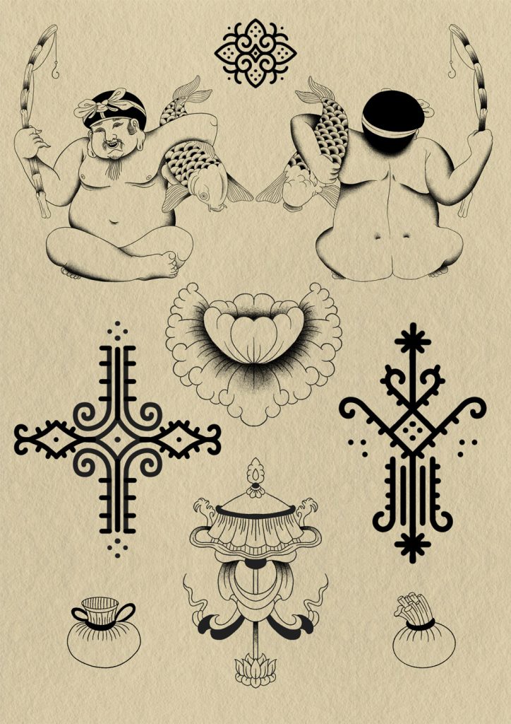 Tattoo-ontwerpblad van Roos met zittende figuren, vissen, een bloem en symmetrische zwarte ornamenten.