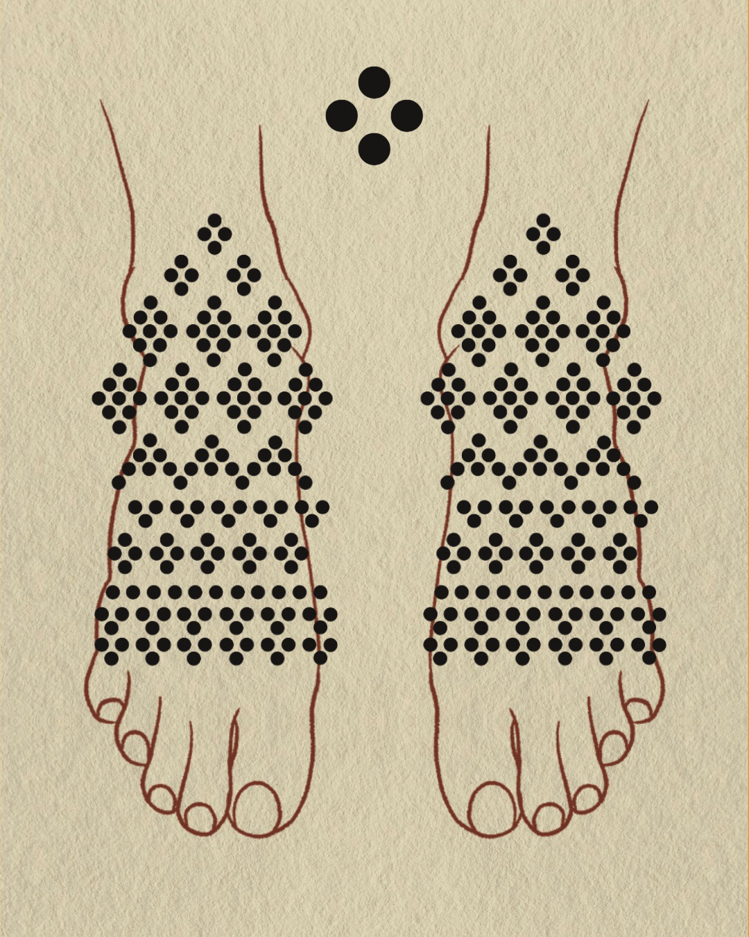 Tekening van twee voeten met symmetrische zwarte stippenpatronen, door Roos.