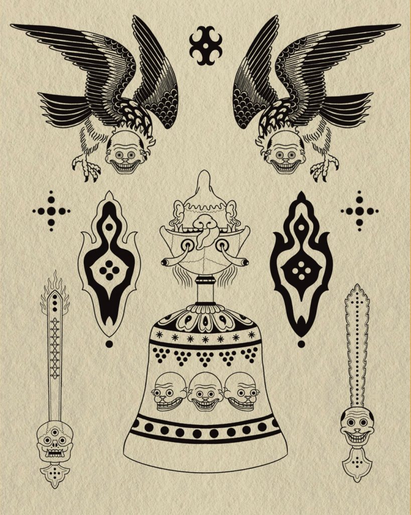Tattoo-ontwerpblad van Roos met twee vogels, een versierde bel, schedels en zwarte ornamenten.