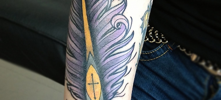 Feather Quill Ink And Paper Tattoo Featuring A Distinctive Character  Design, Created In A Rough-edged 2d Animation Style. The Light Gray And  Beige Color Palette Adds A Vintage Touch To This Editorial